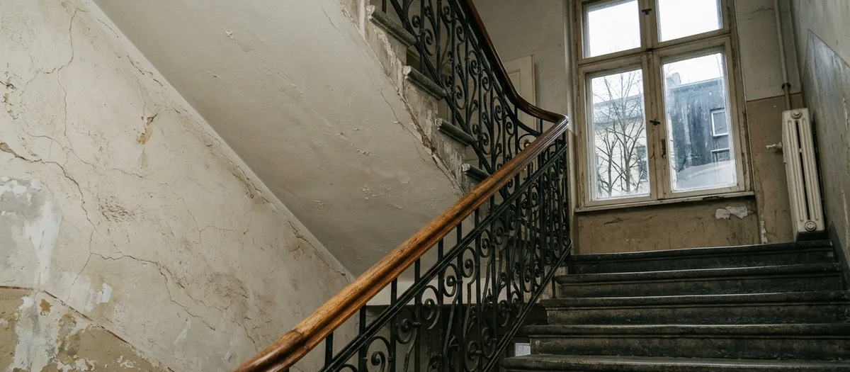 Blick die Treppe hinauf im Gründerzeithaus, gusseisernes Geländer mit Holzhandlauf, Putz mit Rissen