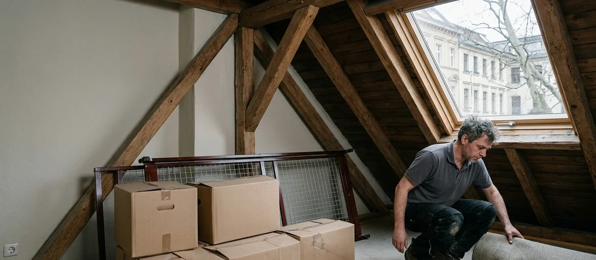 Dachgeschoss unter der Schräge, Kartons an der Kniestockwand, ein Träger geht in die Hocke
