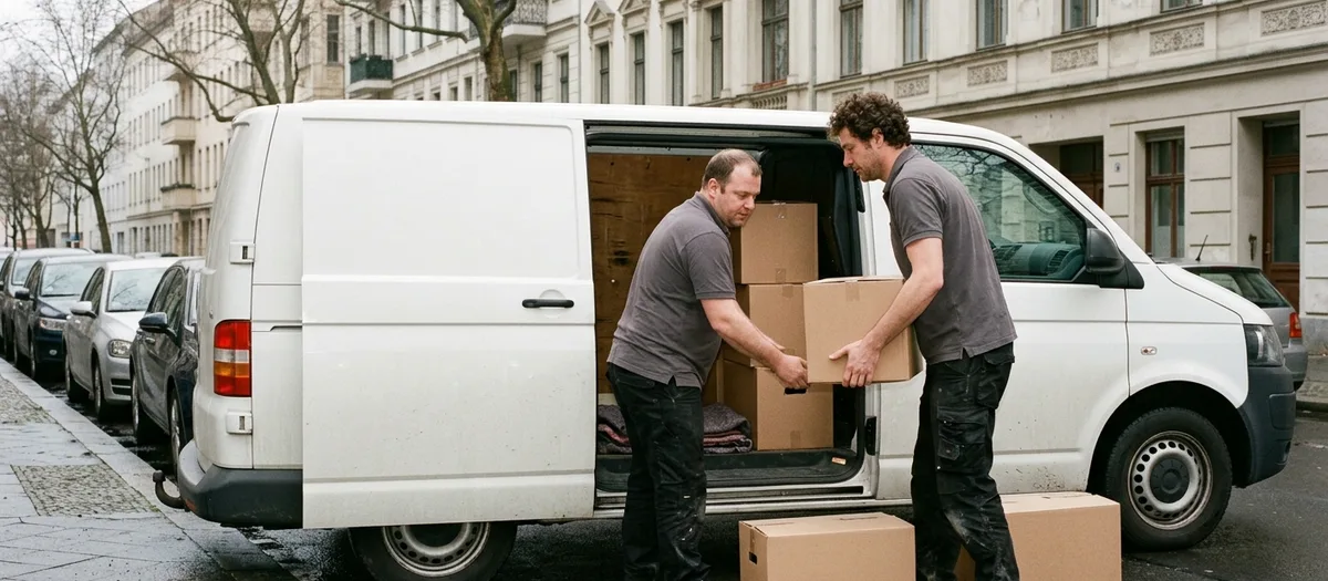 Zwei Träger laden Kartons durch die Seitentür eines Transporters, der Asphalt ist nass zur Rampe