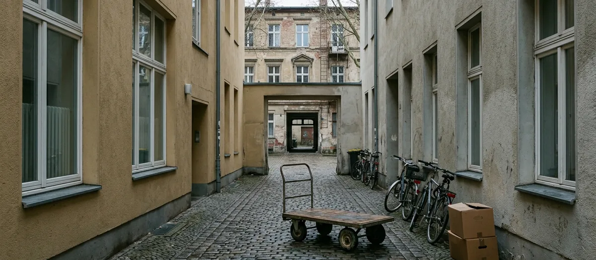 Kopfsteingepflasterte Durchfahrt zum Hinterhof, Fahrräder an der Wand und ein Plattenwagen im Weg