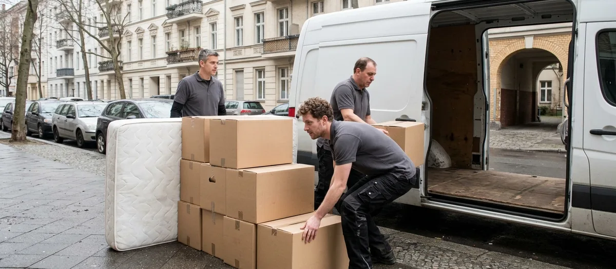 Matratze und gestapelte Kartons stehen auf dem Gehweg bereit, daneben der offene Transporter