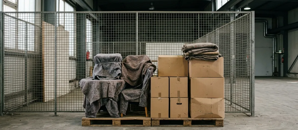 Lagerbox mit Gitterwänden, darin ein abgedeckter Sessel auf der Palette und gestapelte Kartons