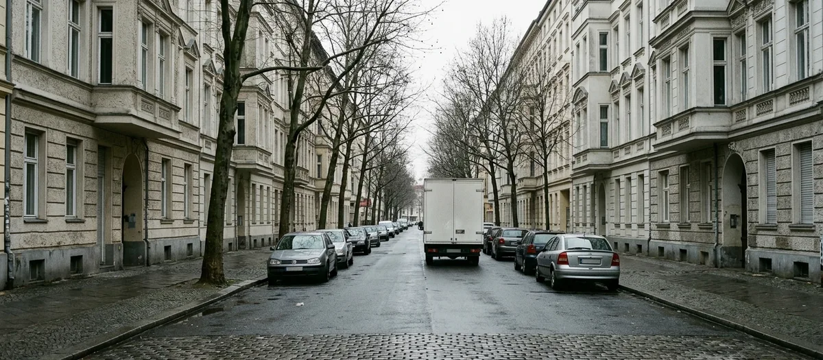 Breite Wohnstraße mit Gründerzeitfassaden und kahlen Bäumen, der Lastwagen steht am Bordstein