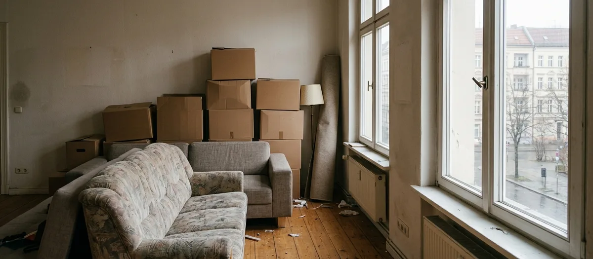 Wohnzimmer mit zwei Sofas, gestapelten Kartons und einem gerollten Teppich