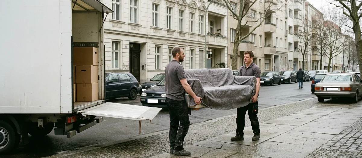 Zwei Männer tragen ein in Decken gewickeltes Sofa über den Gehweg zum Lastwagen, der längs an der Straße steht